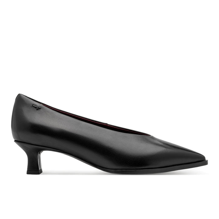 TAMARIS: Women's black leather shoe with V-cut neckline and comfortable spool heel