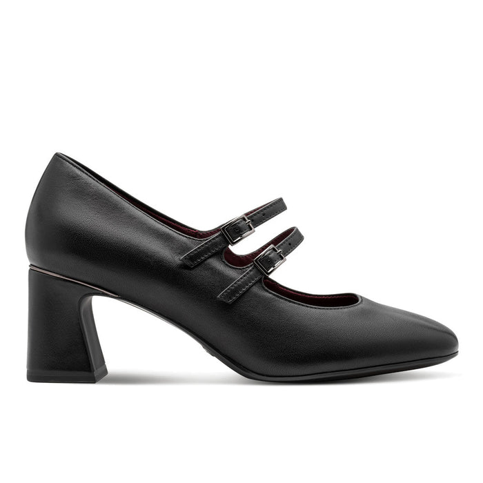 TAMARIS: Women's shoe in black leather with straps and a comfortable mid heel
