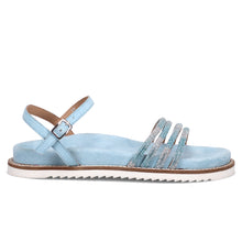 Fusion sandal in blue leather with wedge and rhinestones