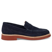 Mocassin homme Bekk en daim bleu avec semelle rouge brique