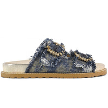Coral blue jewel sandal in vintage blue denim fabric with rhinestone buckles