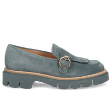 Mocasín de mujer Luca Grossi en ante azul con fleco y hebilla