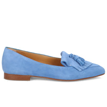 Damen-Mokassin flach Silvia Rossini aus hellblauem Veloursleder mit Fransen und Quasten