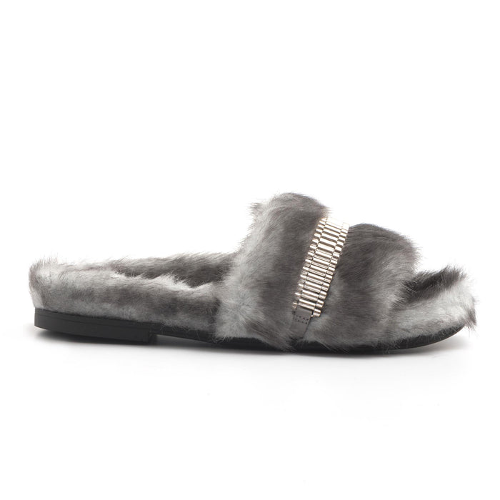 Shade slipper in eco fur with silver chain